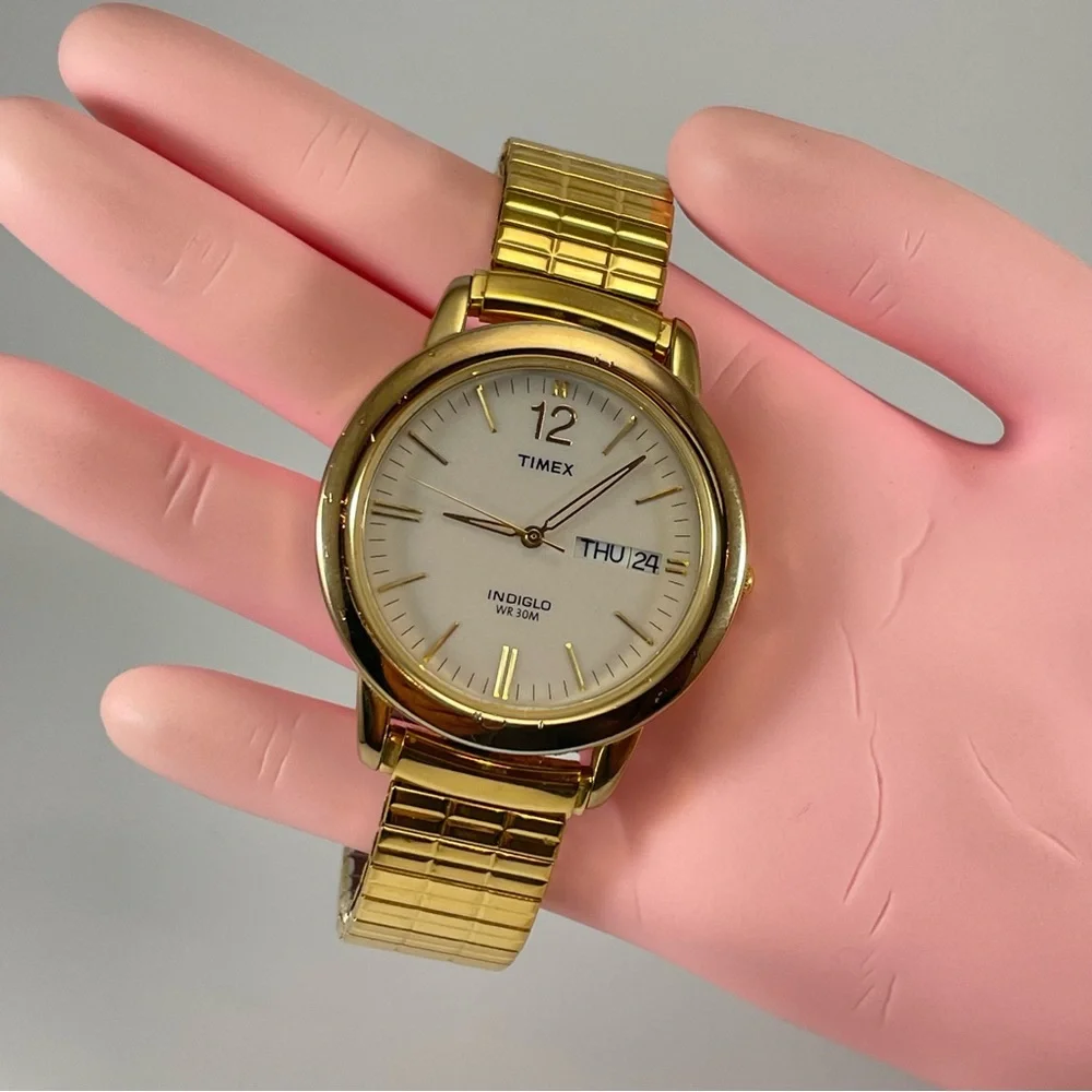 Timex Indiglo Gold / White Face Day/Date Watch WR30M